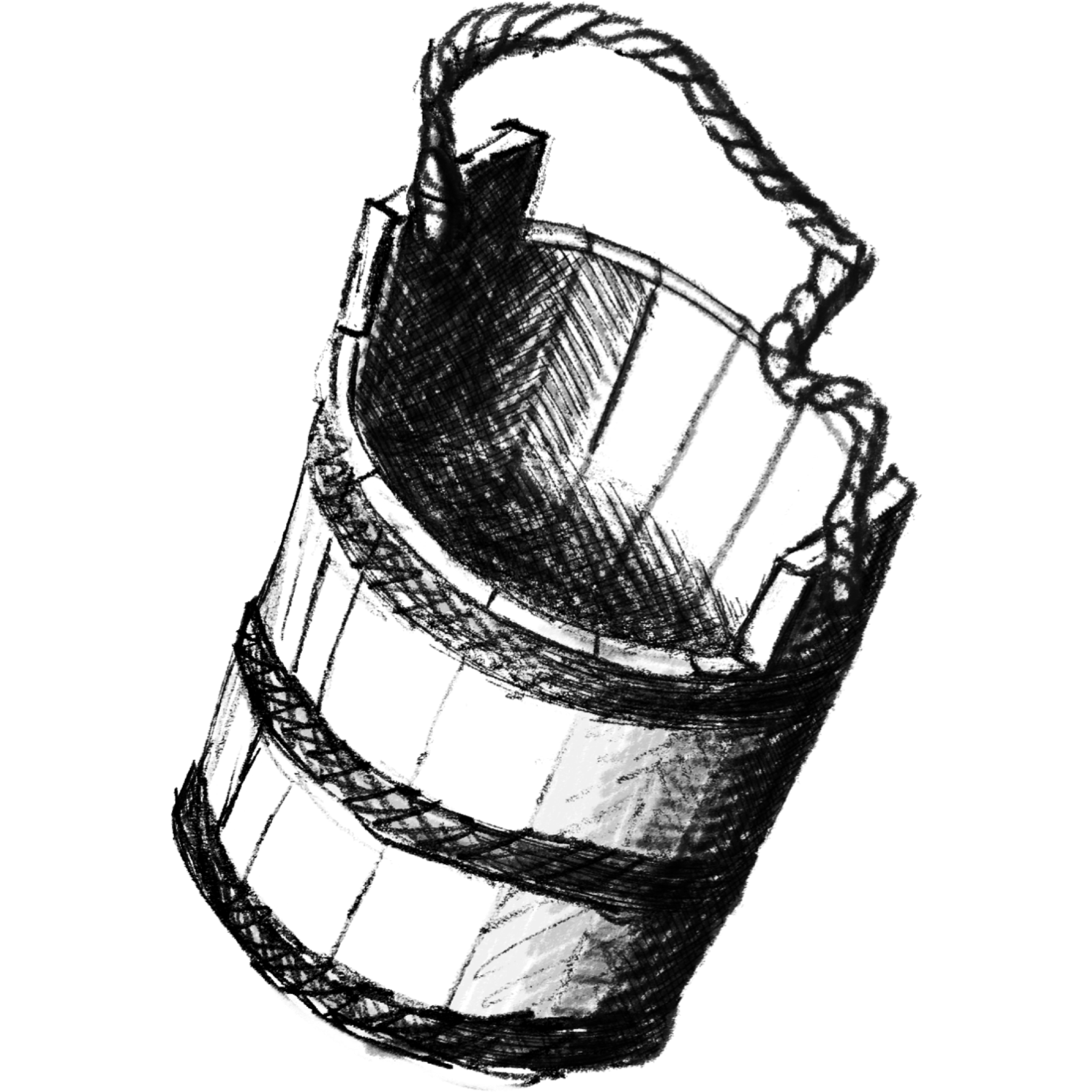 A coopered wooden pail with metal hoops around the base and two-thirds of the way up.