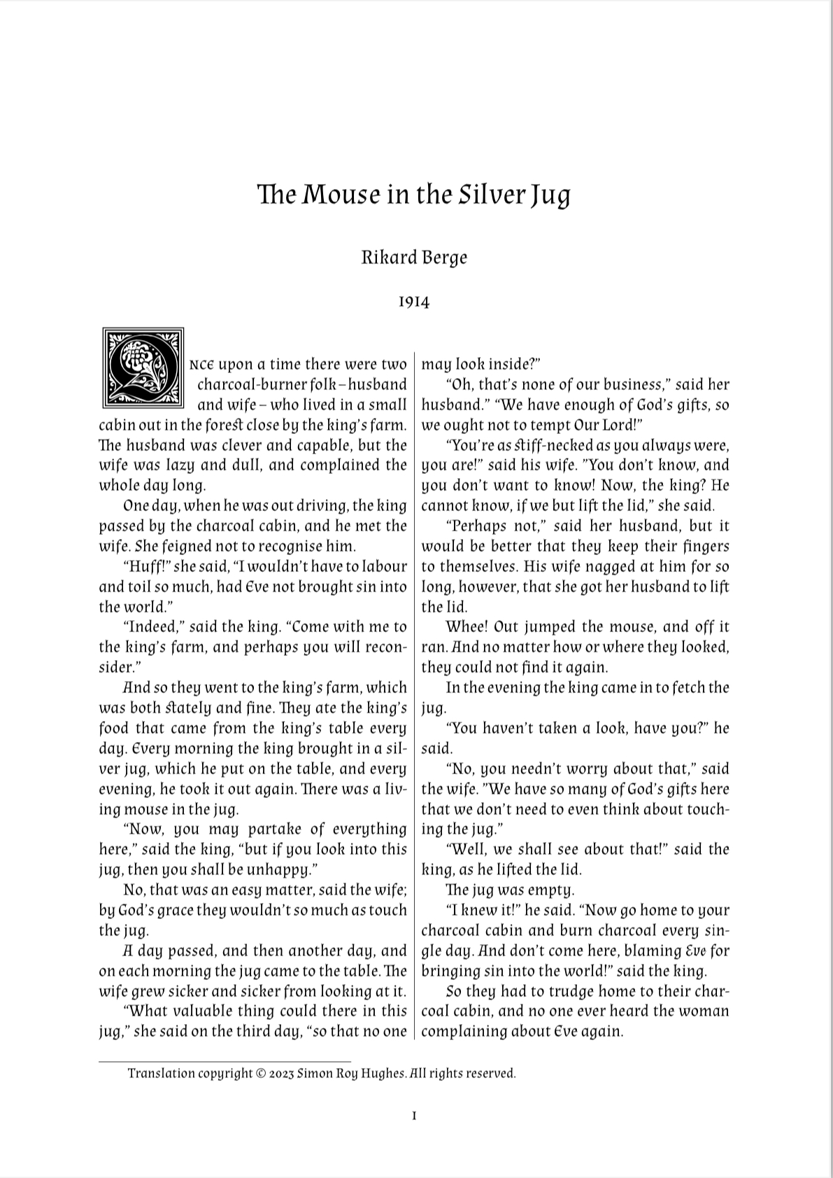 The first page in Rikard Berge’s folktale, “The Mouse in the Silver Jug” from 1914.