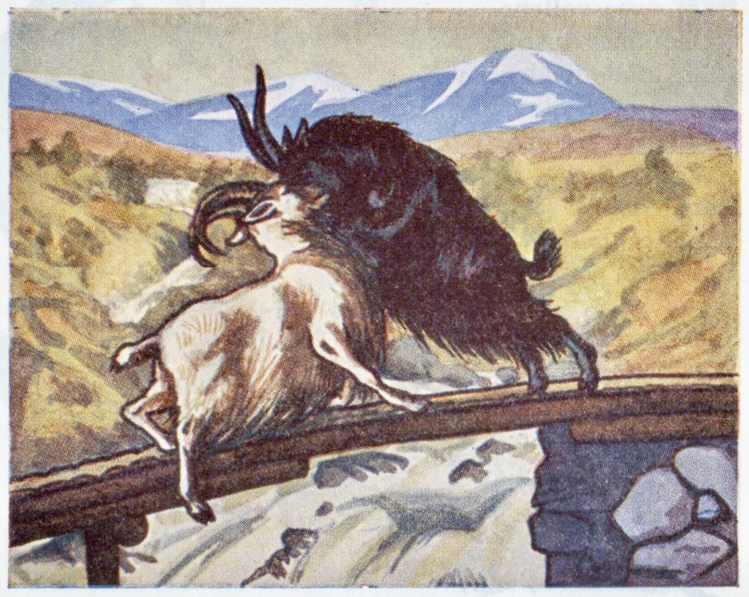 Two goats fighting on a narrow bridge over a waterfall.